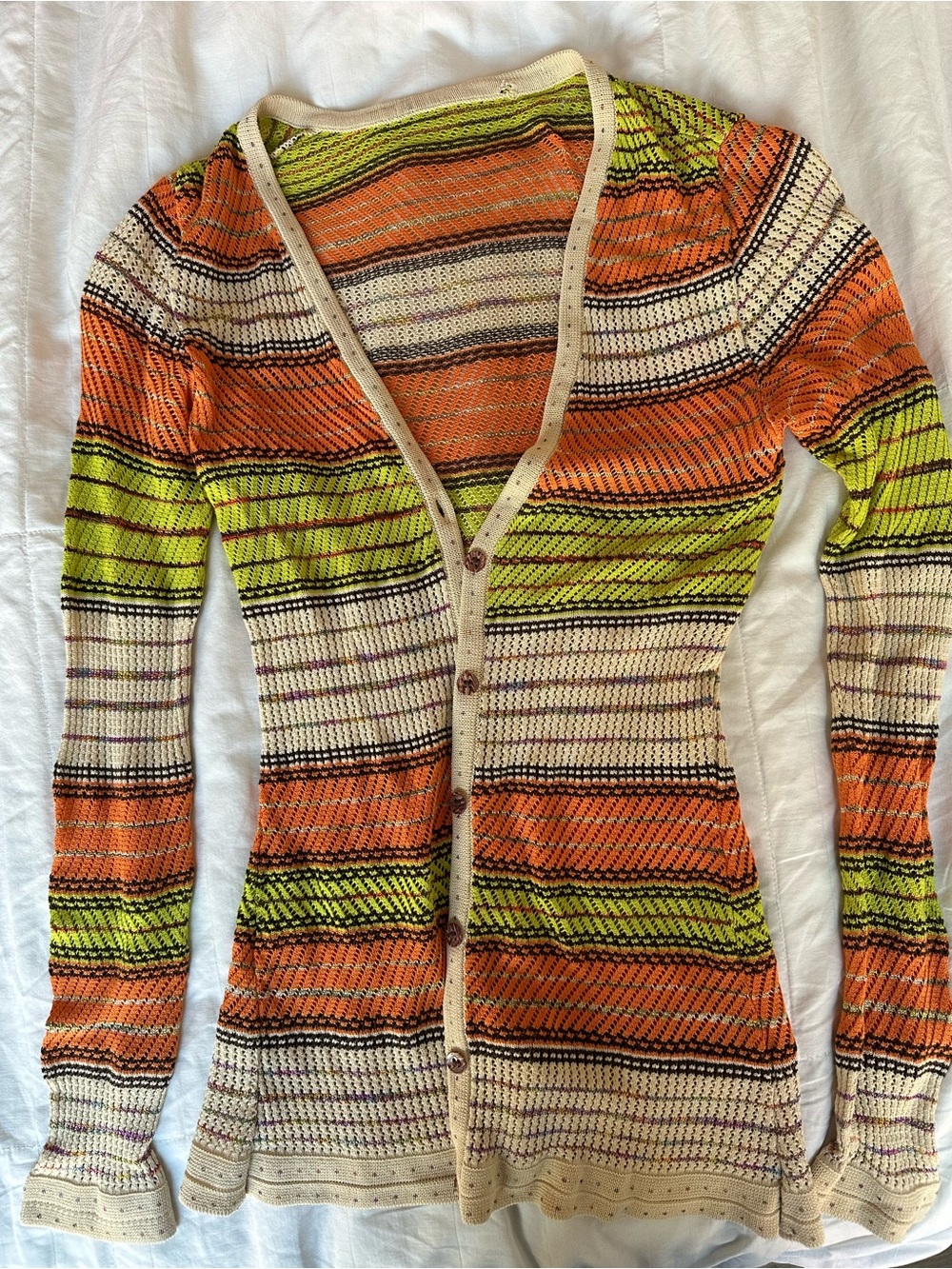 Missoni Striped Knit Button-Front Cardigan in Orange, Lime & Cream